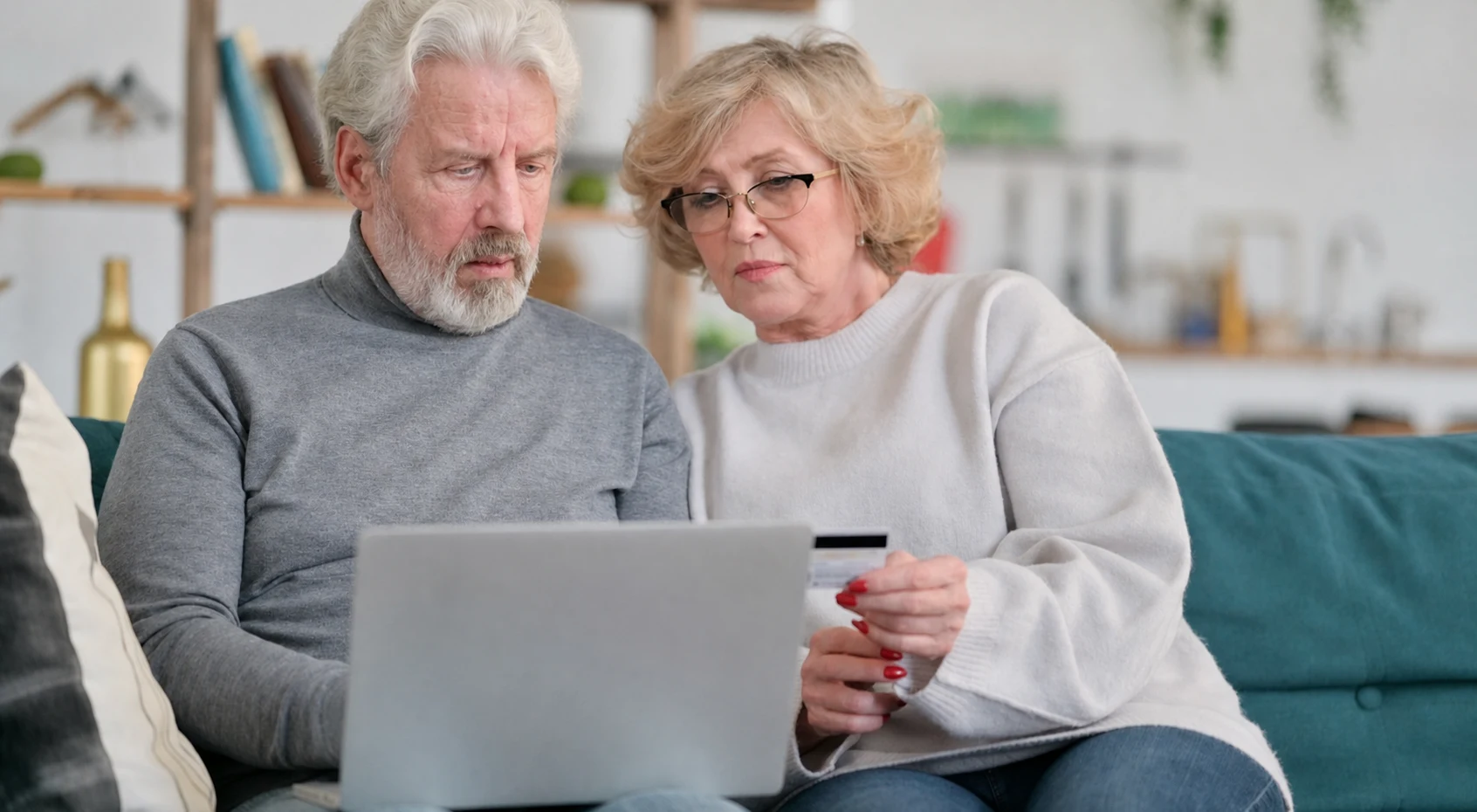 Pareja de adultos mayores consultando información en un computador