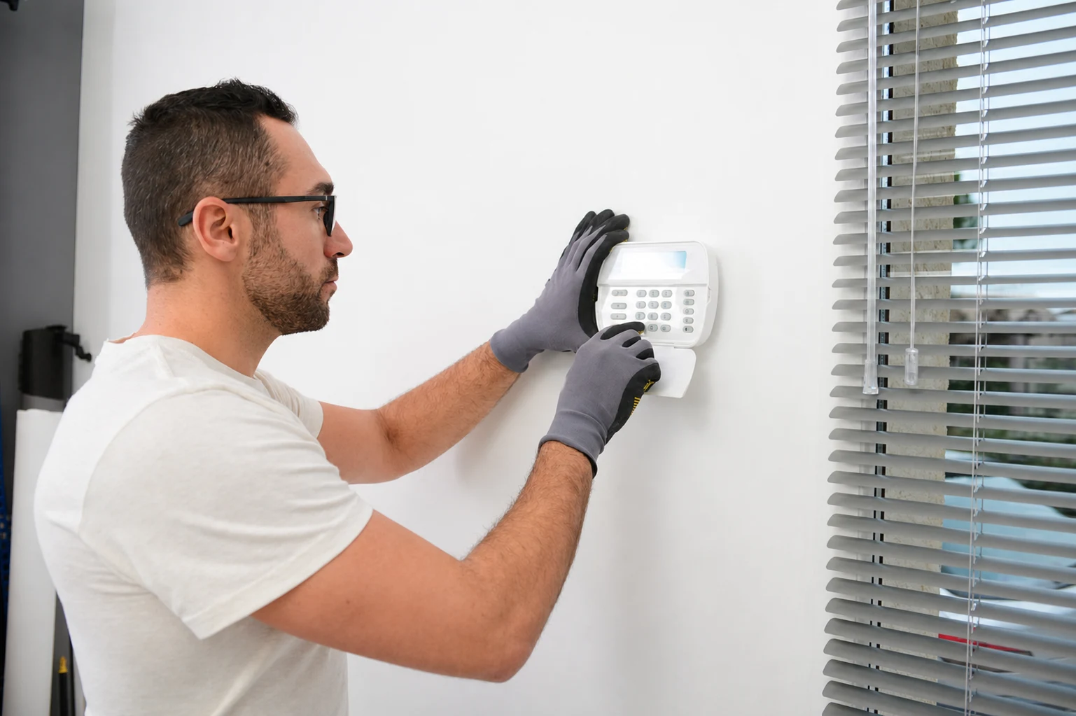 Técnico instalando un sistema de alarma en una vivienda